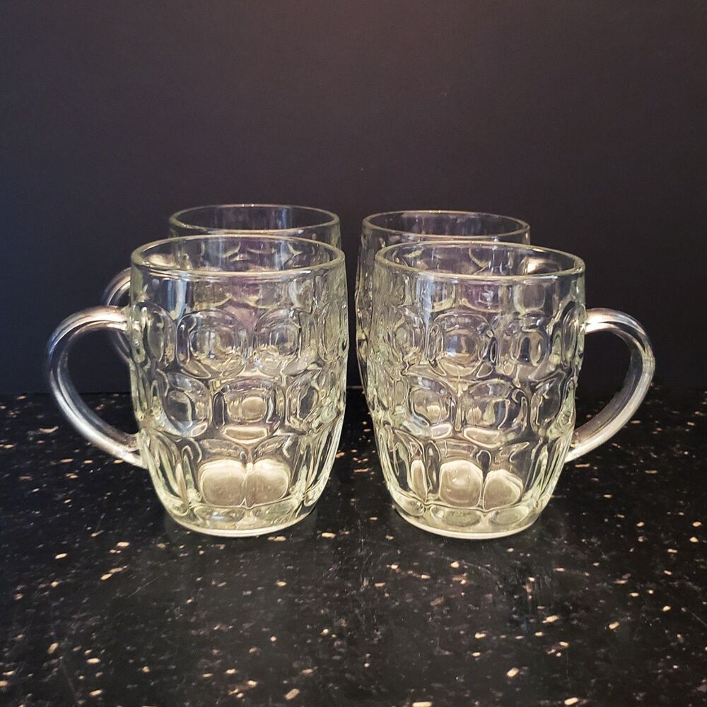 Barrel Shaped Clear Glass Beer Mugs Vintage Thumbprint Dimpled Glass Set of 4